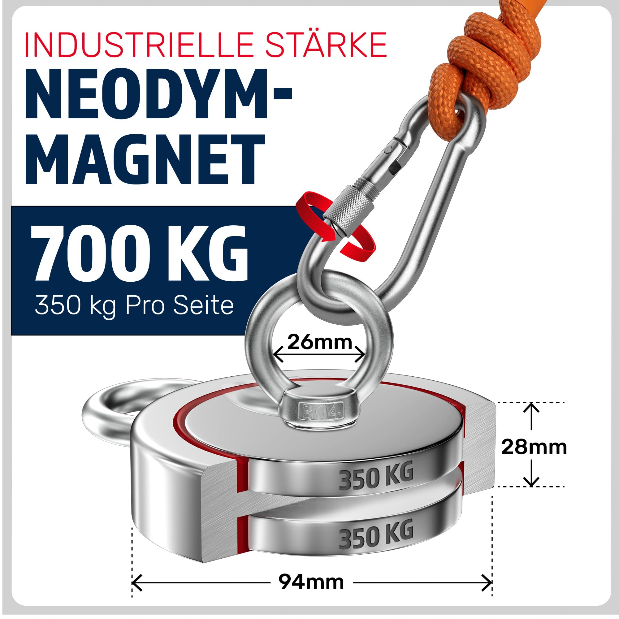MAGFISHION Magnetfischen Mega Set - 700 KG (2 x 350KG) - Ø94mm - Neodym Magnet mit 2 Seilen, Greifhaken & Handschuhe - Magnet Fischen Angel - Ösenmagnet - Fishing Magnetangel - Magnetangeln Set