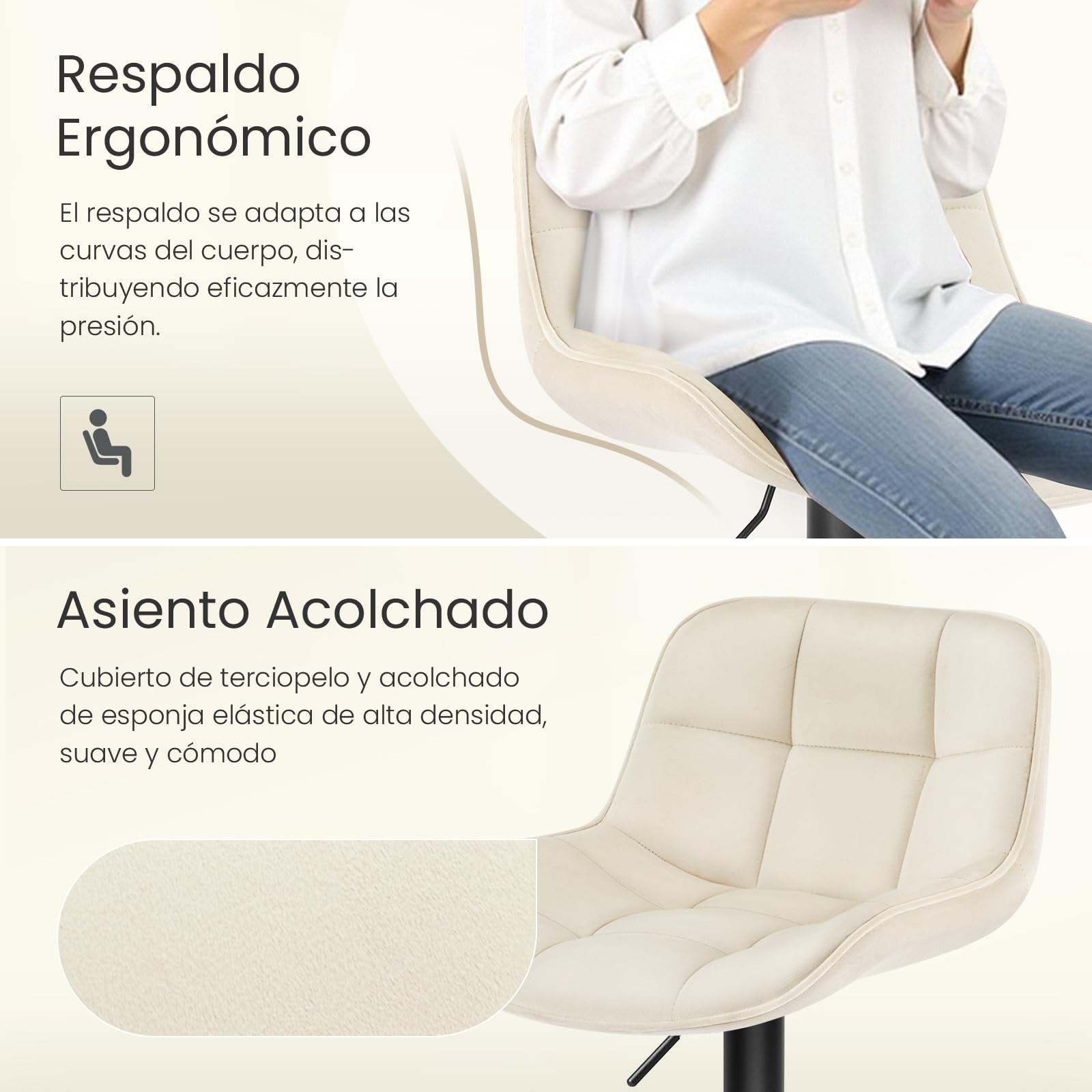 EUGAD Taburetes de Bar Giratorios con Respaldo y Reposapies, Crema | Juego de 2, Ajustable en Altura 60-81,5 cm, para Bar y Cafetería, Terciopelo