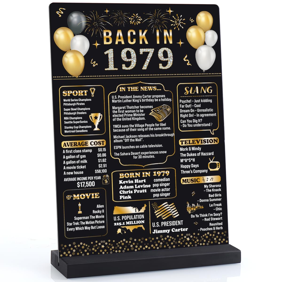 45th Birthday Decorations for Men Women, Happy Birthday Party Decor Supplies, Vintage- 45 Years Old Birthday Anniversary 1979 Poster for Her Black Gold Back in 1979 Acrylic Table Sign with Wooden