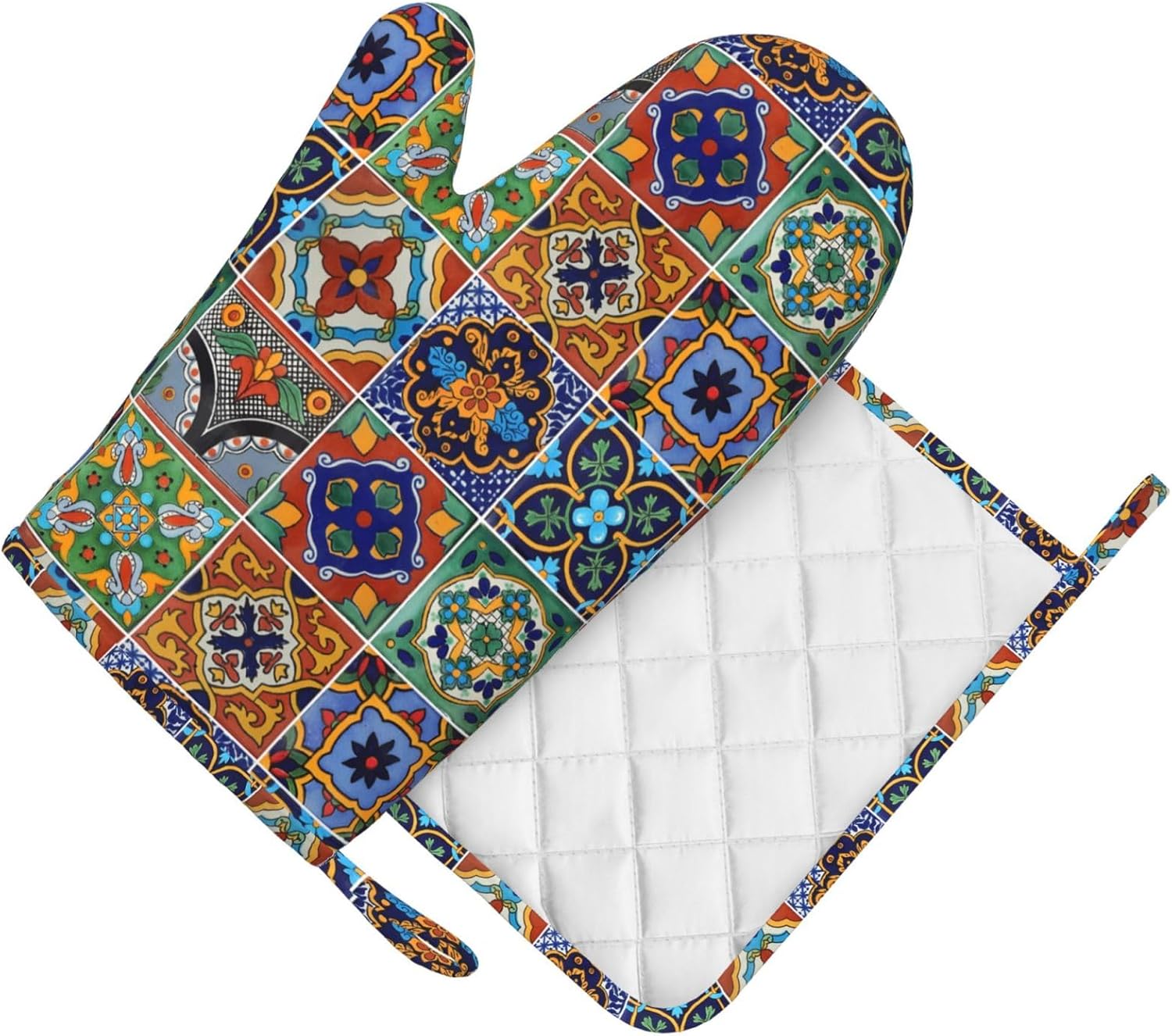 Silicone Oven Mitts and Pot Holders Sets, Home Talavera Mexican Tiles Heat Resistant BBQ Gloves for Kitchen Baking Cooking Grilling Microwave