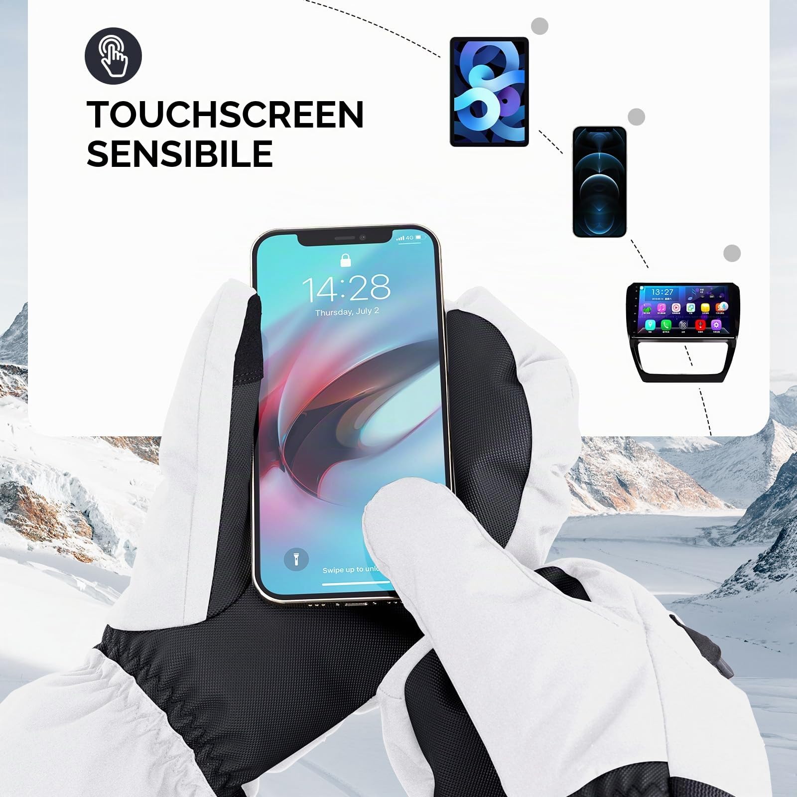 Guanti da Sci Invernali, Guanti a Dita Piene Impermeabili, Guanti Sportivi Antivento Caldo, Funzione Touchscreen, Guanti per Attività all'Aperto Come Sci, Snowboard, Escursionismo