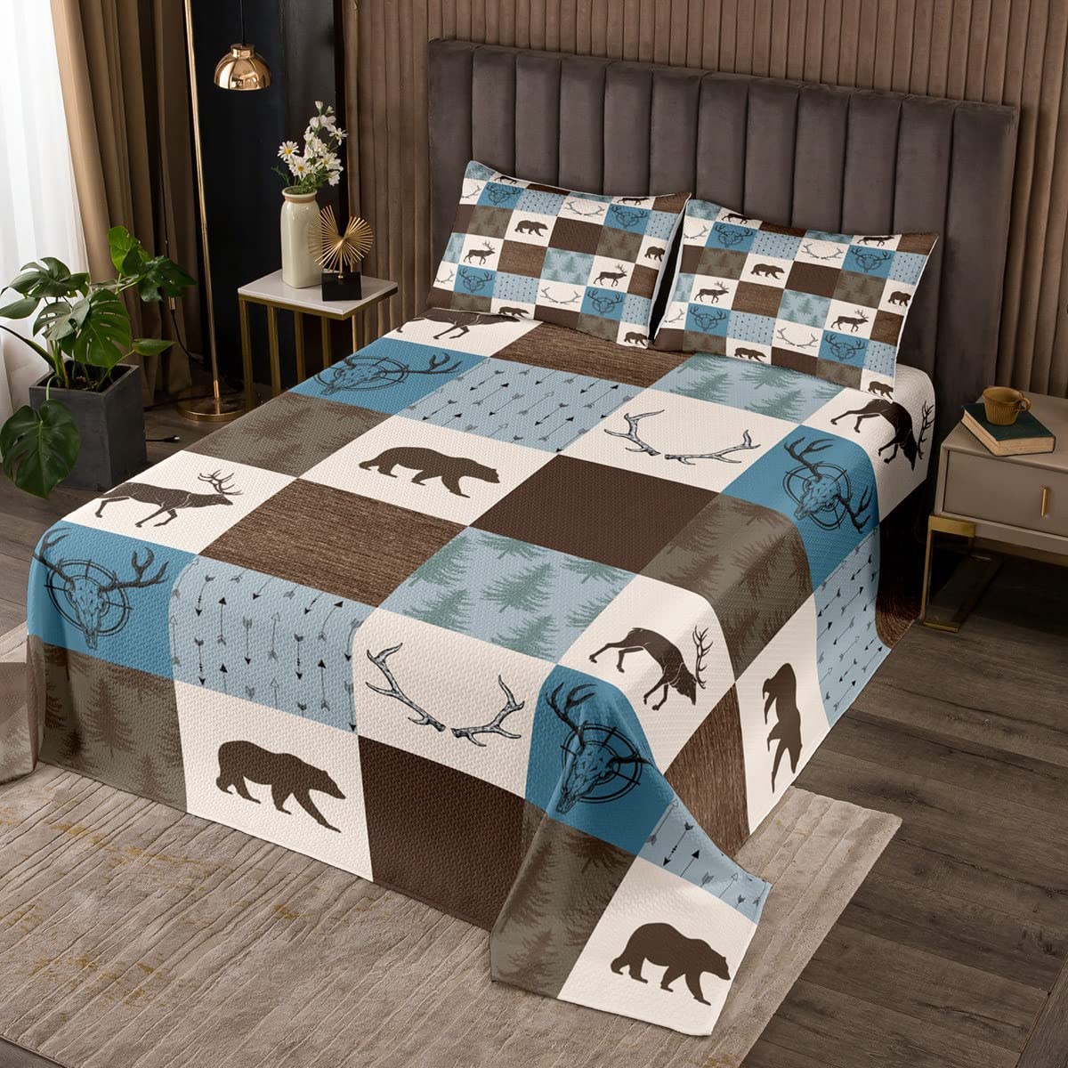 Kołdra na polowanie dzikie zwierzęta, pojedynczy rozmiar, rustykalny niedźwiedź, jeleń, poroże, strzała, patchwork, zestaw dla dzieci, dziewczynek, do sypialni, na przygody na wsi, kampera, dekoracja