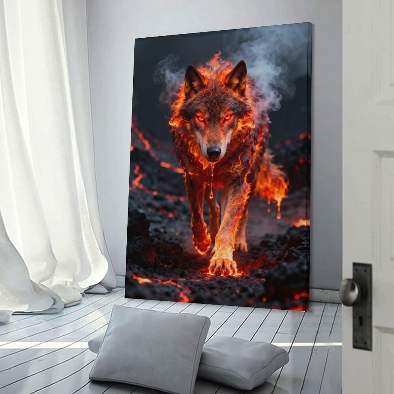 Junmoney Fiery Wolf in Volcanic Landscape Home Decor Wall Art, 08x12inch(20x30cm), for Lounge, Bedroom Or Personal Spaces, Gift Idea for Housewarming And Birthdays
