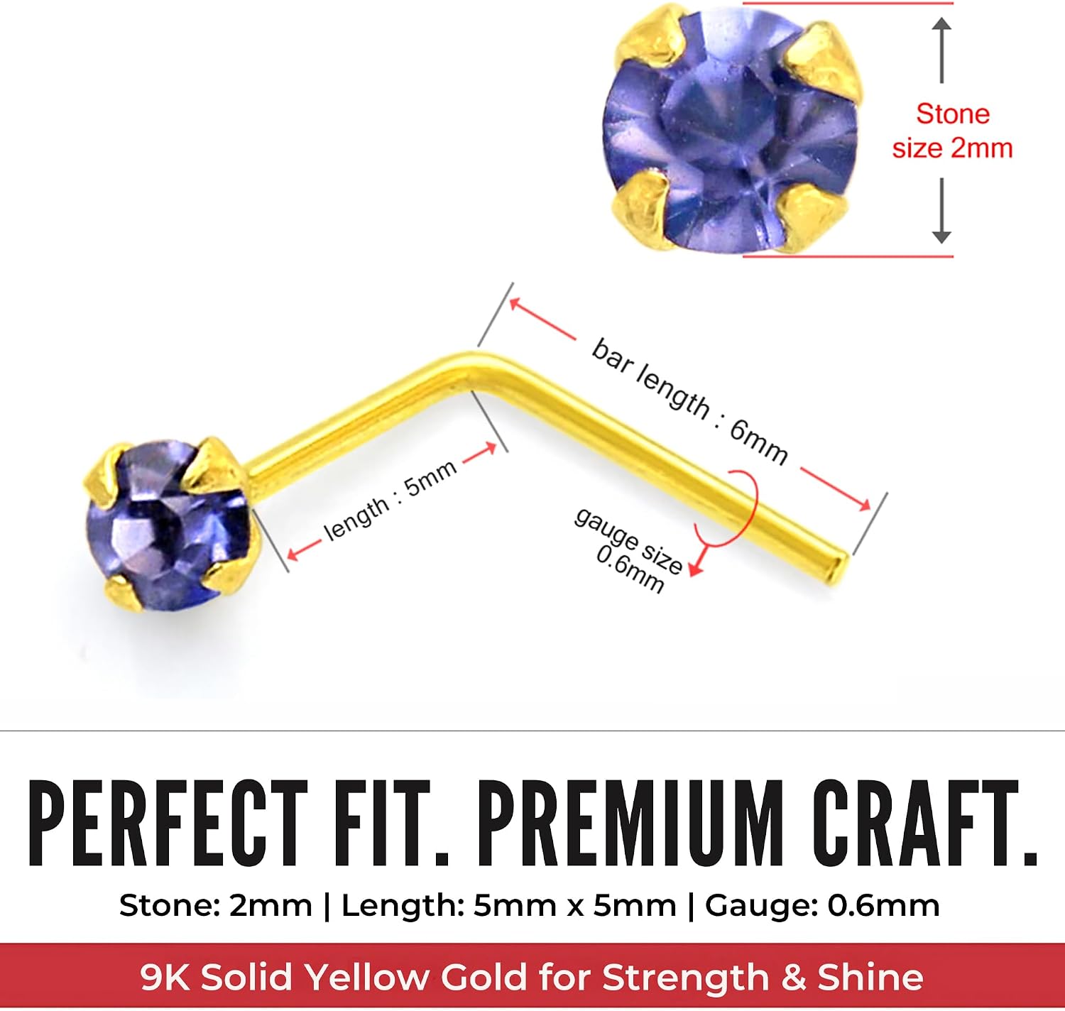 9K Solid Yellow Gold 22 Gauge (0.6mm) L Shaped Nose Stud with Tanzanite Crystal Gemstone - Nose Pin - Tiny Nose Ring - 9K Gold Nose Piercing Body Jewelry