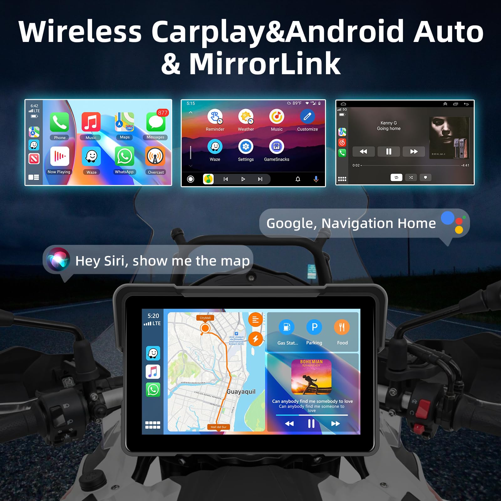 Schermo Carplay Moto Senza Fili 7 Pollici Impermeabile Touchscreen Doppio Bluetooth Navigazione GPS Android Auto +64G Card
