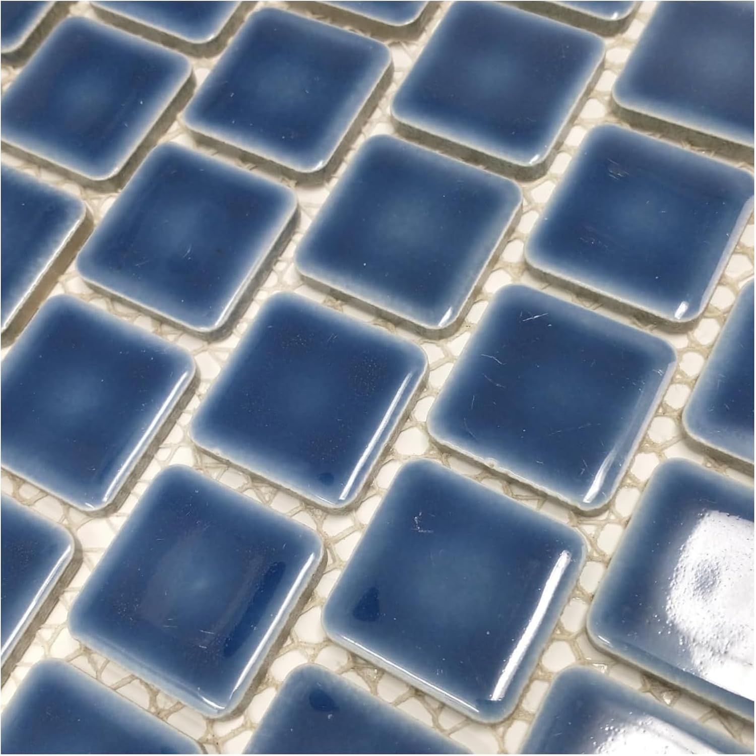Tenedos TPLD-NVYBL-1X1 Queen Blue Brick 1 1/8 inch Square Glossy Porcelain Floor Wall Pool Tile Backsplash for Kitchen, Bathroom Shower Accent Decor (10)