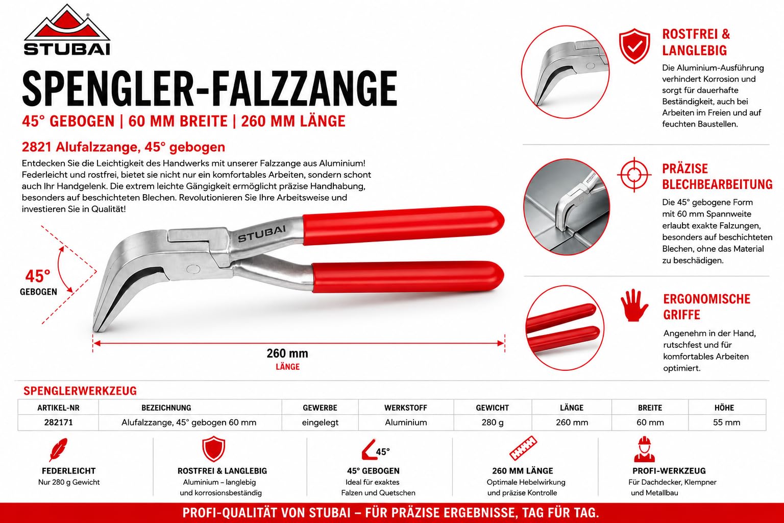 STUBAI szczypce składane do spenglera, lekko wygięte aluminium, szerokość szczęk 60 mm, długość 260 mm