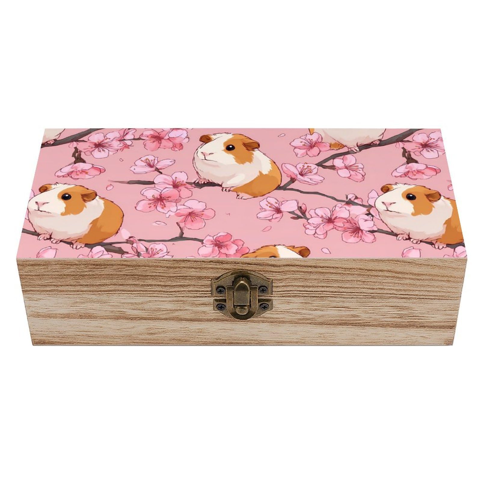 HLBSDM Guinea Pigs Cherry Wooden Box with Hinged Lid Decorative Storage Case Container