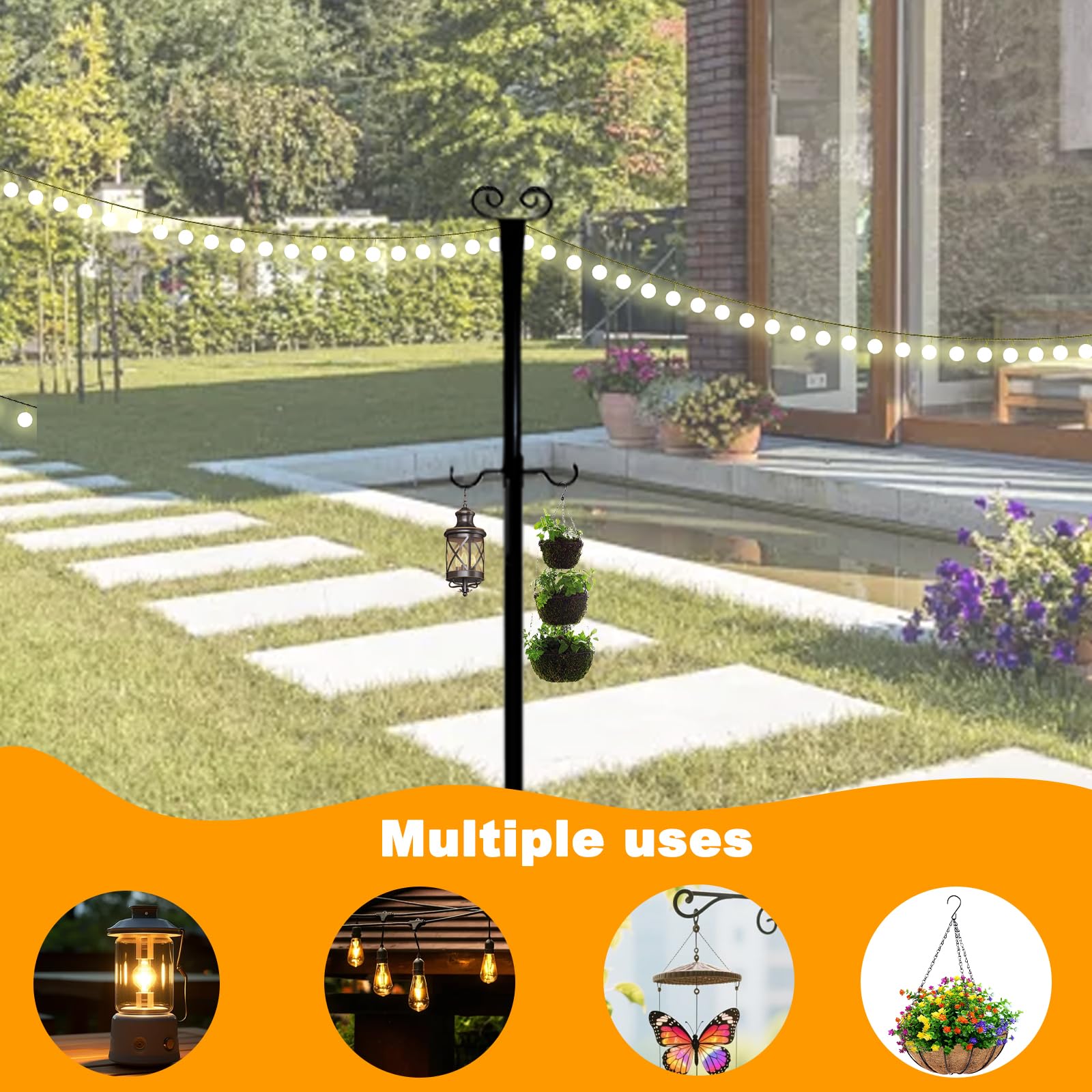 4 postes de luz festoon, postes de bandera de hierro resistente de 10 pies para jardín con tenedor y 2 ganchos, poste de altura ajustable para exteriores, jardín, patio, terraza, patio, patio