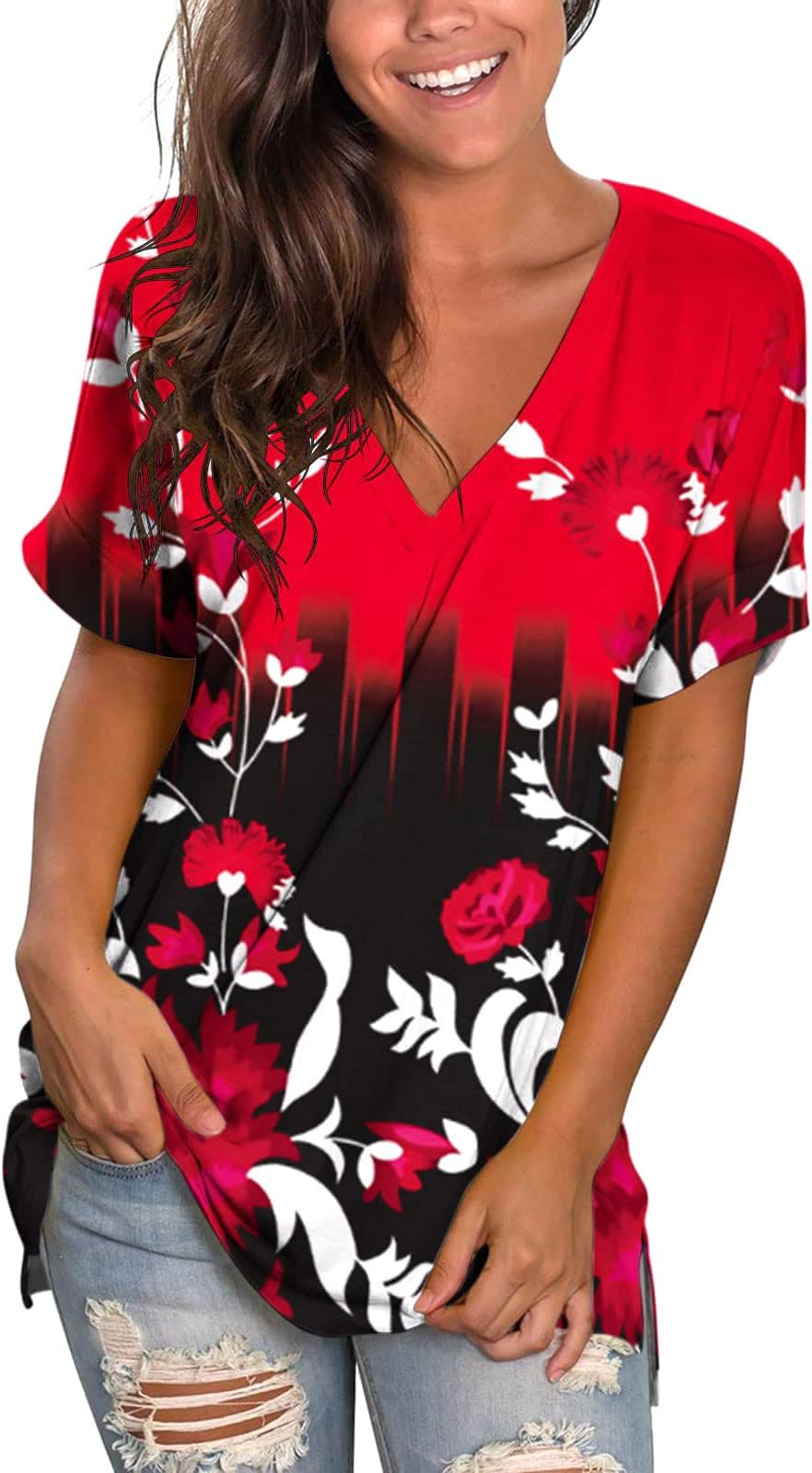 ayaso Women’s Short Sleeve Plus Size Tee Shirt V Neck Workout Basic Print Summer Holiday Beach Tshirt Casual Blouse