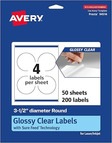 Miniatura 7 de Avery Etiquetas redondas transparentes brillantes con alimentación segura, 3.5 pulgadas de diámetro, 100 etiquetas transparentes brillantes,