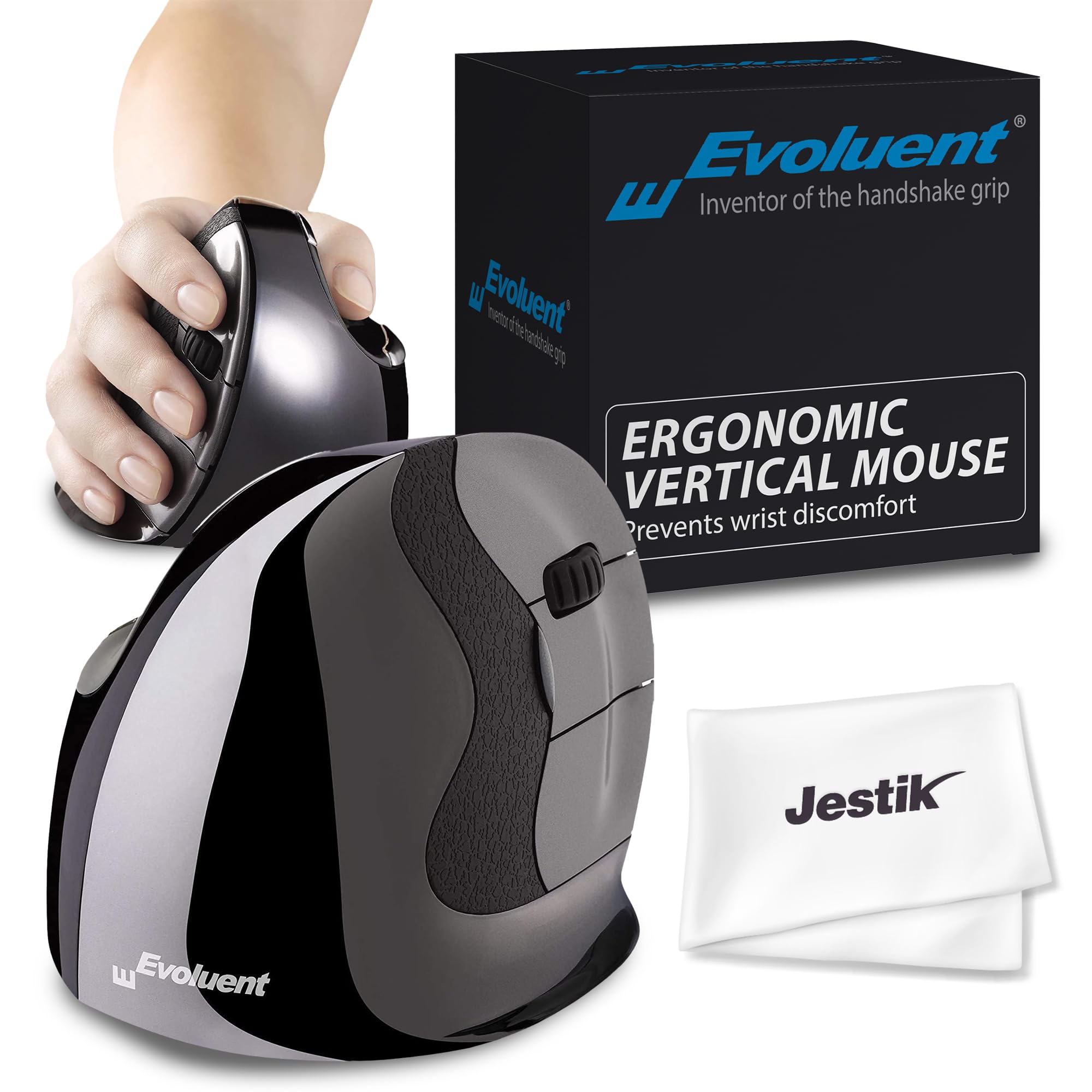 Mouse VMDLW - VerticalMouse D, Right Hand Ergonomic Design, Evoluent Vertical Mouse D Large with Wireless Connection for Laptop and PC, Plus Jestik Microfiber Cloth