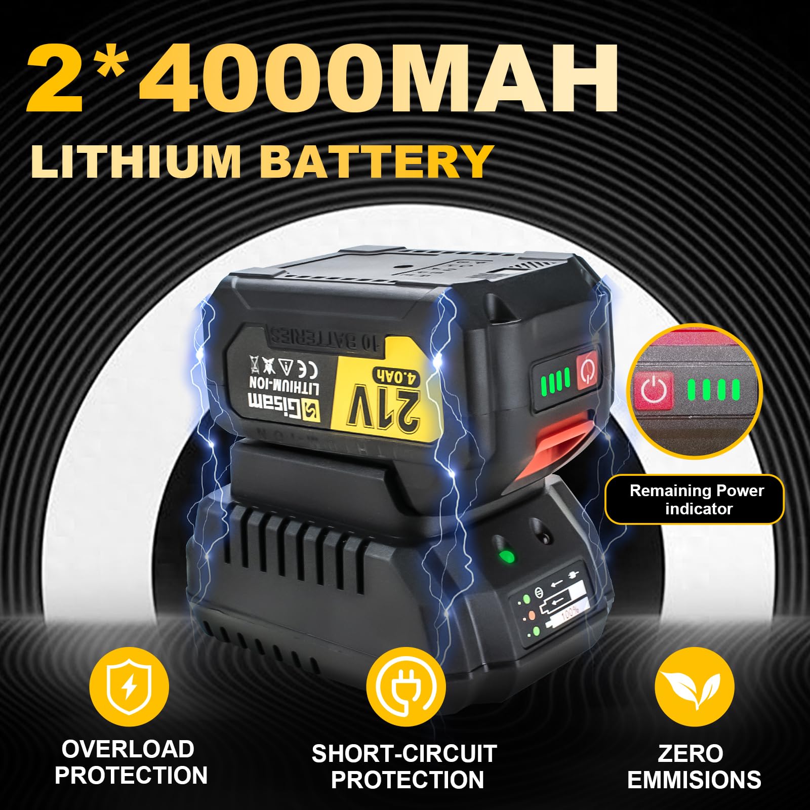 Gisam 1000N.m Llave De Impacto con 8000mAh Baterías, 1/2 Pistola De Impacto Electrica para Coches Camiones,con 5Enchufes, Barra de extensión de 5",Atornillador de Impacto Giratorio Para Coche Tiers