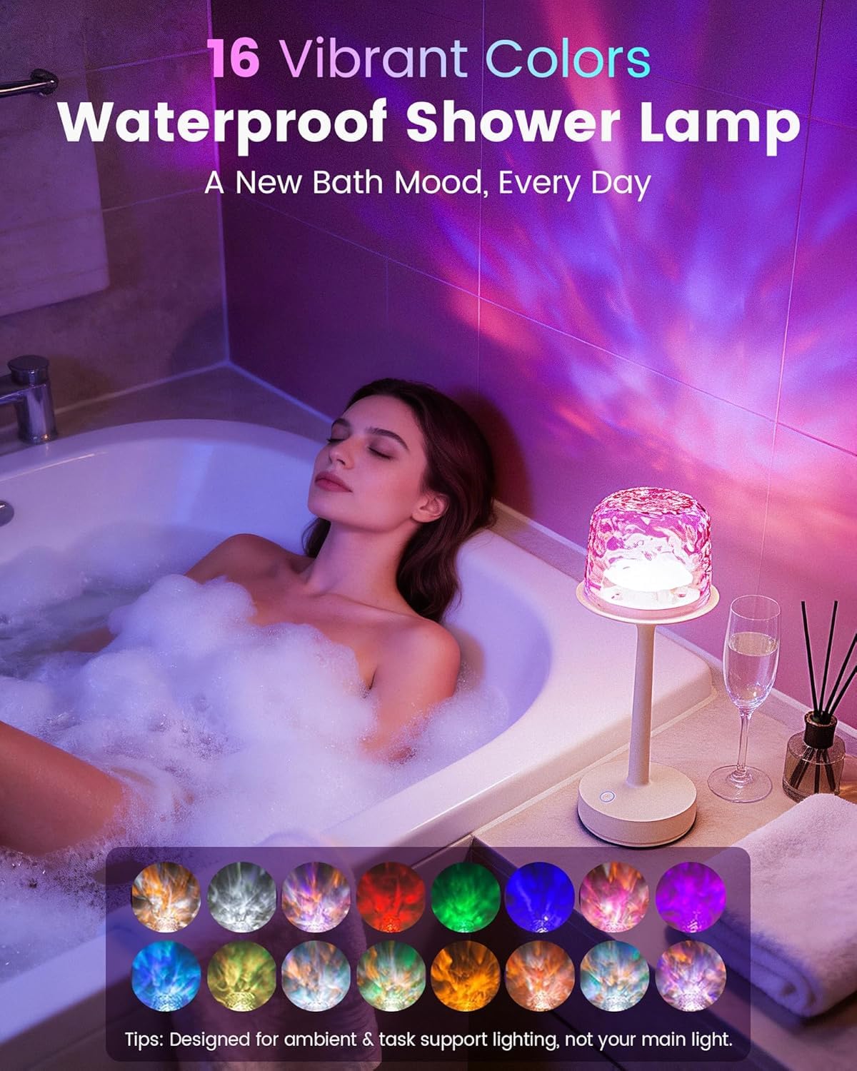 Umikk LED Duschlampe Wasserdicht, 16 Farben Dimmbar Ocean Lamp, Drahtlos Wiederaufladbare Badezimmer Lichtprojektor mit Touch & Fernbedienung für Badezimmerbeleuchtung Schmücken