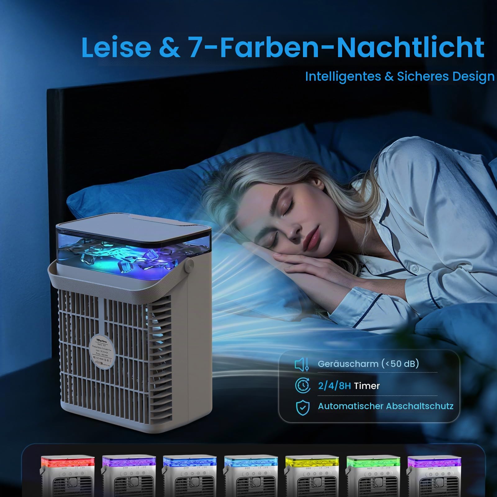Tragbare Klimaanlagen, 4 in 1 Mini AC Klimaanlage mit 1000 ml Wassertank, 3 Geschwindigkeiten, 2 Nebelmodi, 2/4/8H Timer, Umgebungslicht, USB Verdunstungsluftkühler, Kühlventilator für Camping, Zimmer