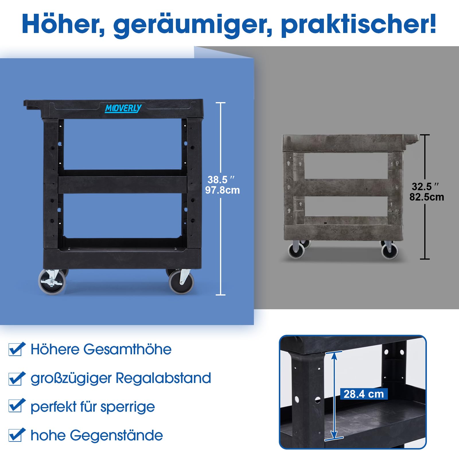 3-stufiger Rolling Cart, Schwerlast-Utility-Trolley, Server-Handwagen, 86 cm x 43 cm x 98 cm, mit 4 drehbaren Rädern, bis zu 250 kg belastbar, schwarz