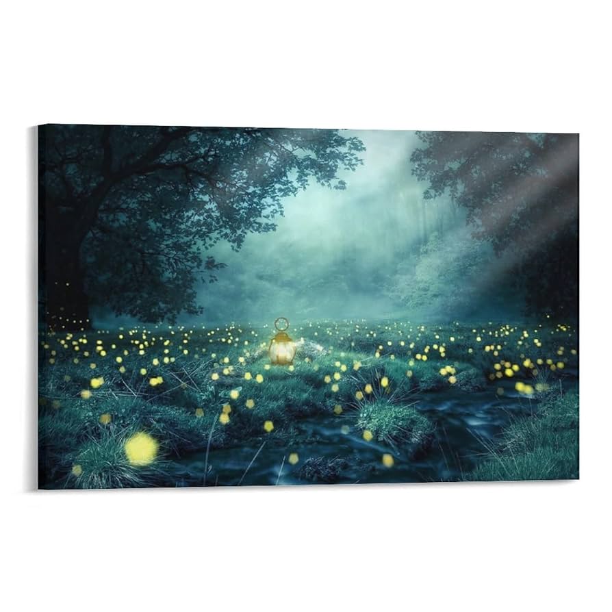 Amazon.co.jp: 森のホタル灯篭霧の多い道の大自然ポスター 絵画