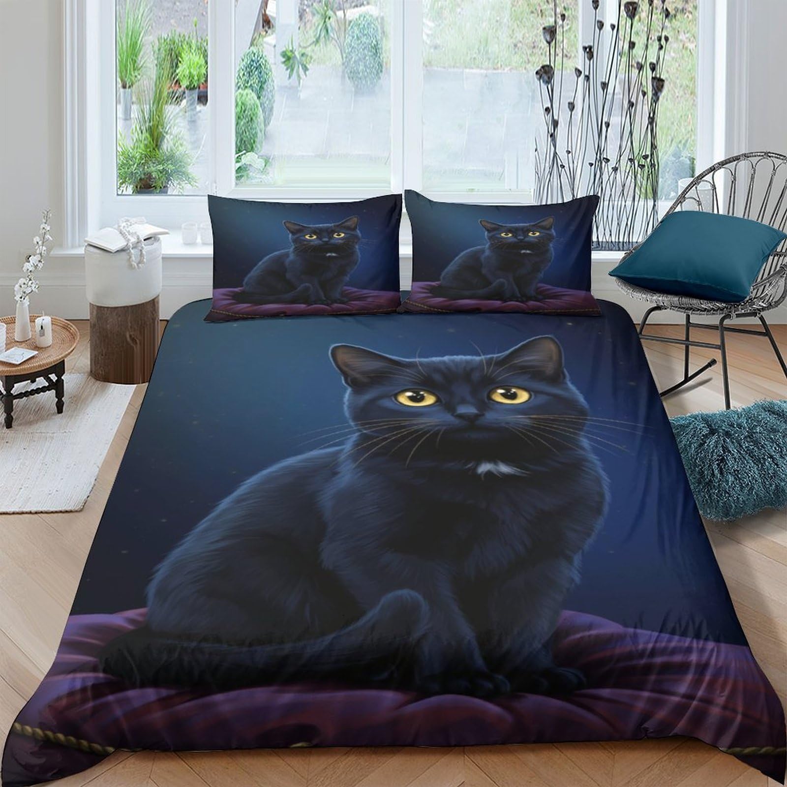 P5V6M1Q9 3D Printed Black Cat Duvet Cover Microfiber Soft Breathable Moonlight Animal Bedding Set with 2 Pillowcases for Bedroom Decor Single（135x200cm）