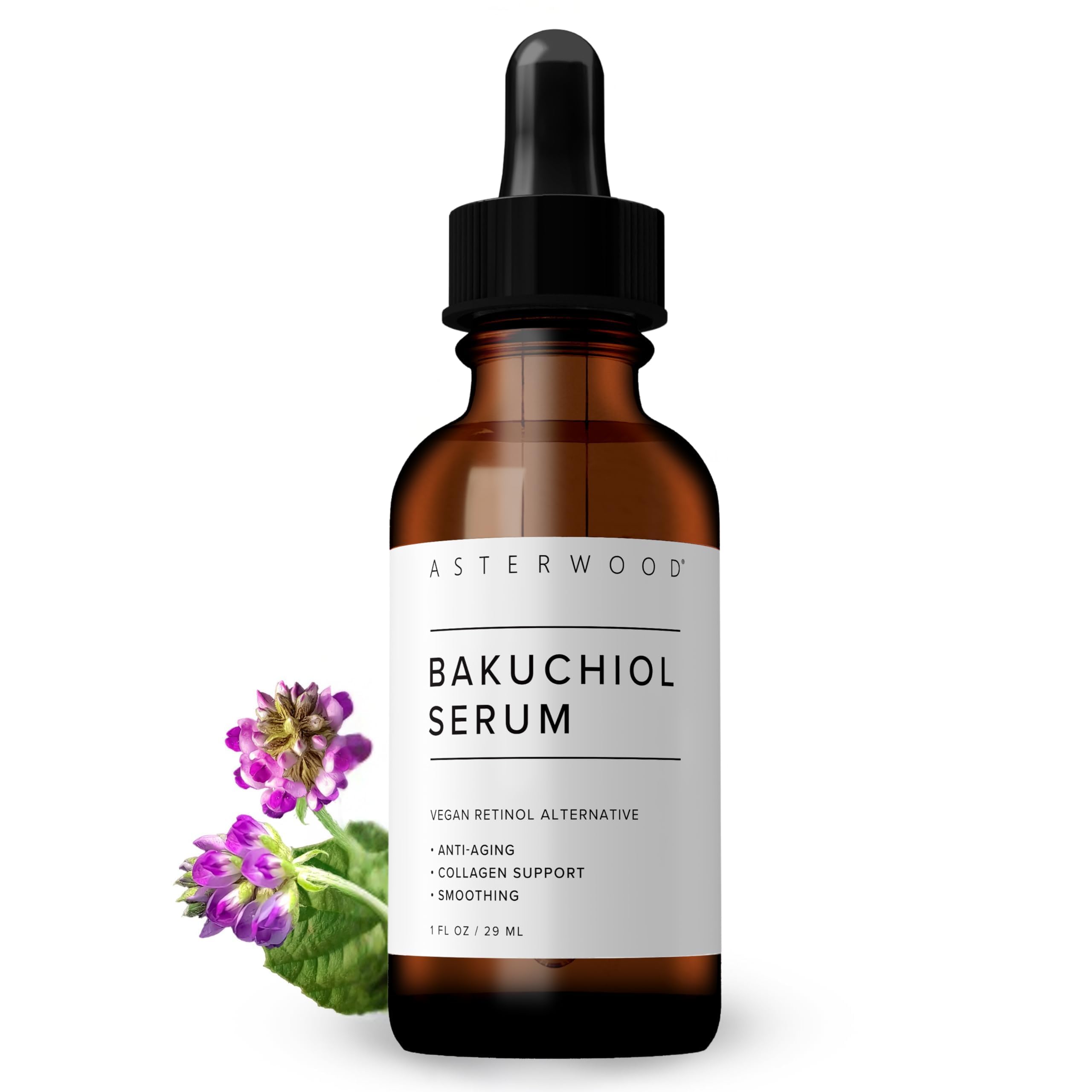 Asterwood Bakuchiol Serum for Face - Retinol Alternative - Plumping, Anti-Aging, Wrinkle Reducing - Fragrance-Free - 1 Fl Oz