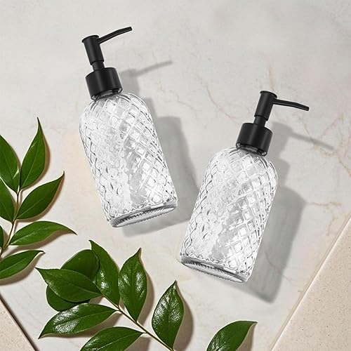 Miniatura 9 de Paquete de 2 dispensadores de jabón de vidrio con bomba de plástico negro, dispensador de jabón líquido de manos de 13 onzas, bomba a prueba de