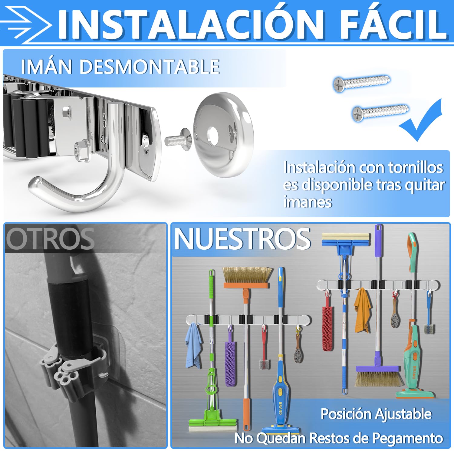3-H Colgador Escobas Magnético 36cm, Soporte Escobas Pared SUS304 Acero Inoxidable 20KG Carga Colgador Escobas y Fregonas Sin Perforar para Restaurante, Cocina, Baño, Garaje con Tornillos