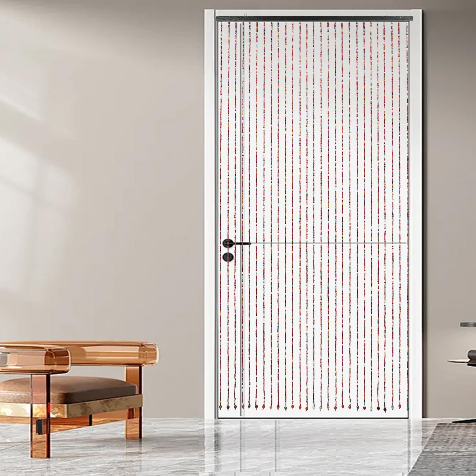 90 x 175 cm - Rideau de porte - 27 brins - Style bohème - En bambou - Fait main - En perles de bois - Multicolore - Arc-en-ciel
