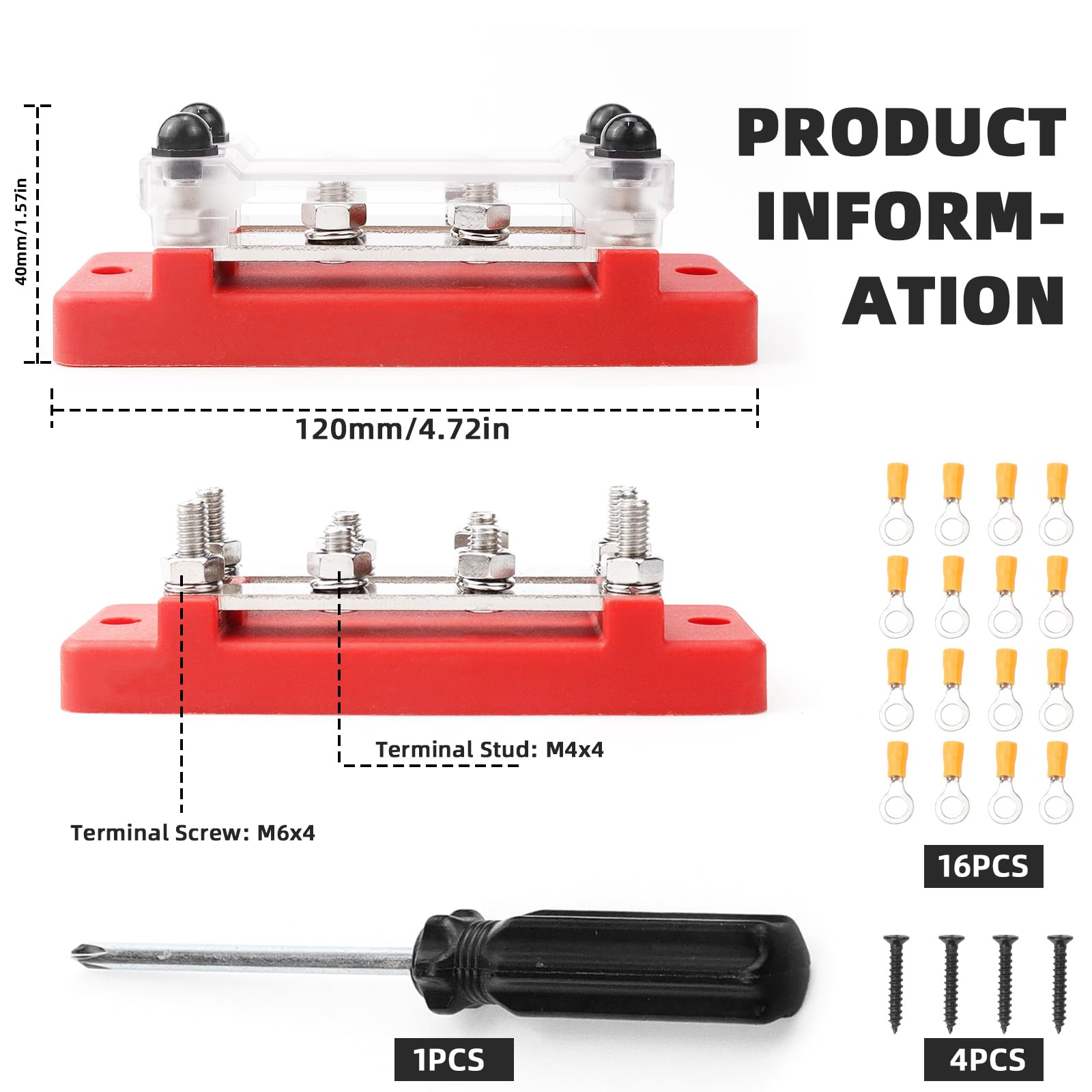 Distributore di corrente con barra collettrice, 12 V-48 V CC, 250 A, 4 bulloni a vite M8, 2 pezzi, Nero-Rosso (B-Nero e Rosso)