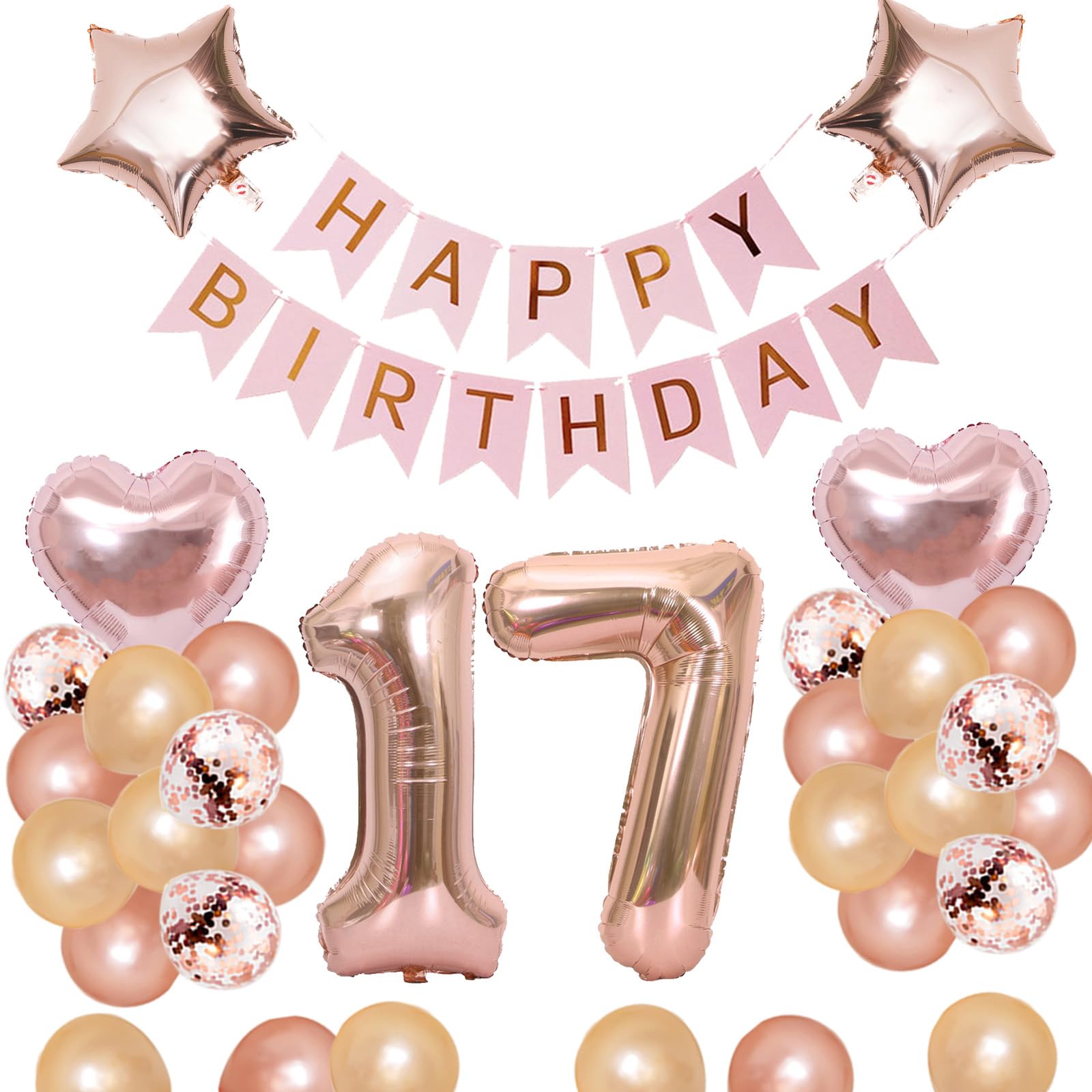 17歳 誕生日 バルーン 風船 飾り付け セット 数字バルーン 17 HAPPY BIRTHDAYガーランド ハート風船 紙吹雪風船 バースデーバルーン 大人 女の子 ローズピンク