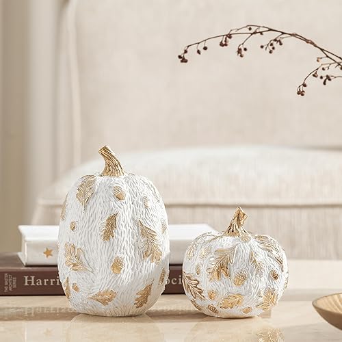 Miniatura 4 de DN DECONATION 2 piezas de decoración de calabaza de otoño, resina falsa, decoración de mesa de calabaza, figuras de calabazas blancas para decorar