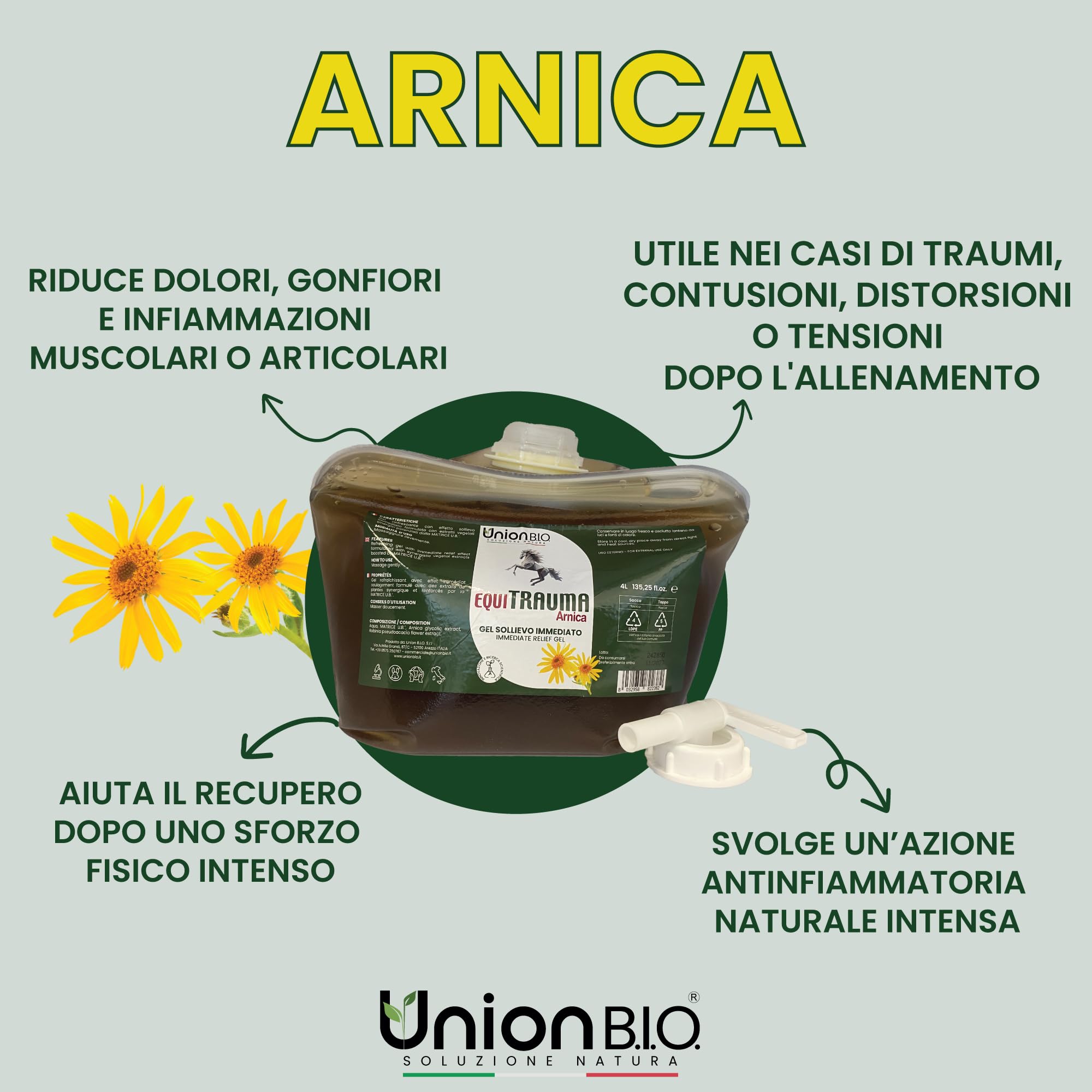 UNION B.I.O. SOLUZIONE NATURA Equitrauma Gel Arnica Montana per Cavalli e Uso Umano 4LT