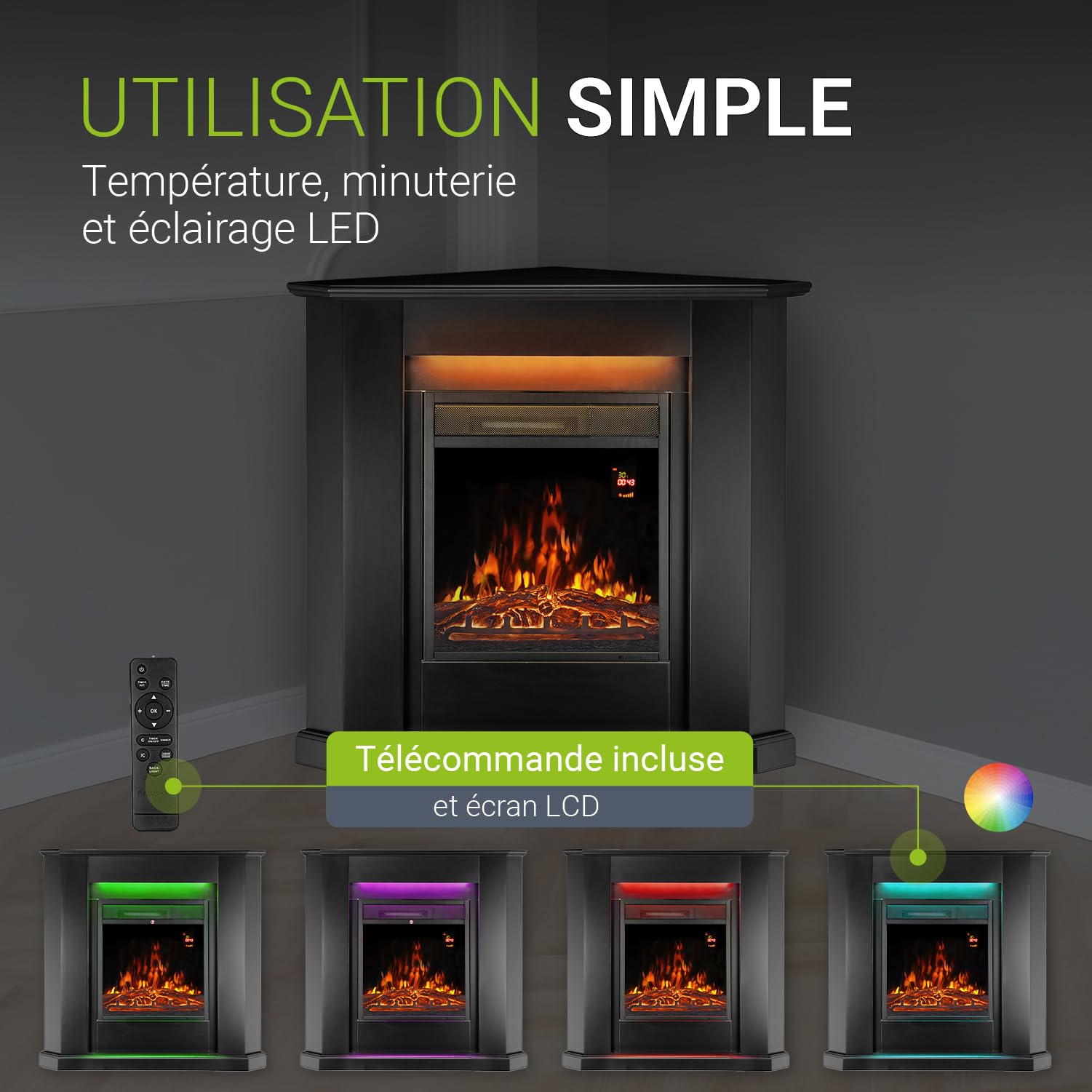 Juskys Cheminée électrique 1000/2000W avec Chauffage, Effet Flamme, télécommande, éclairage LED et minuterie - Cheminée électrique d'angle (Noir)(96x57x94cm)