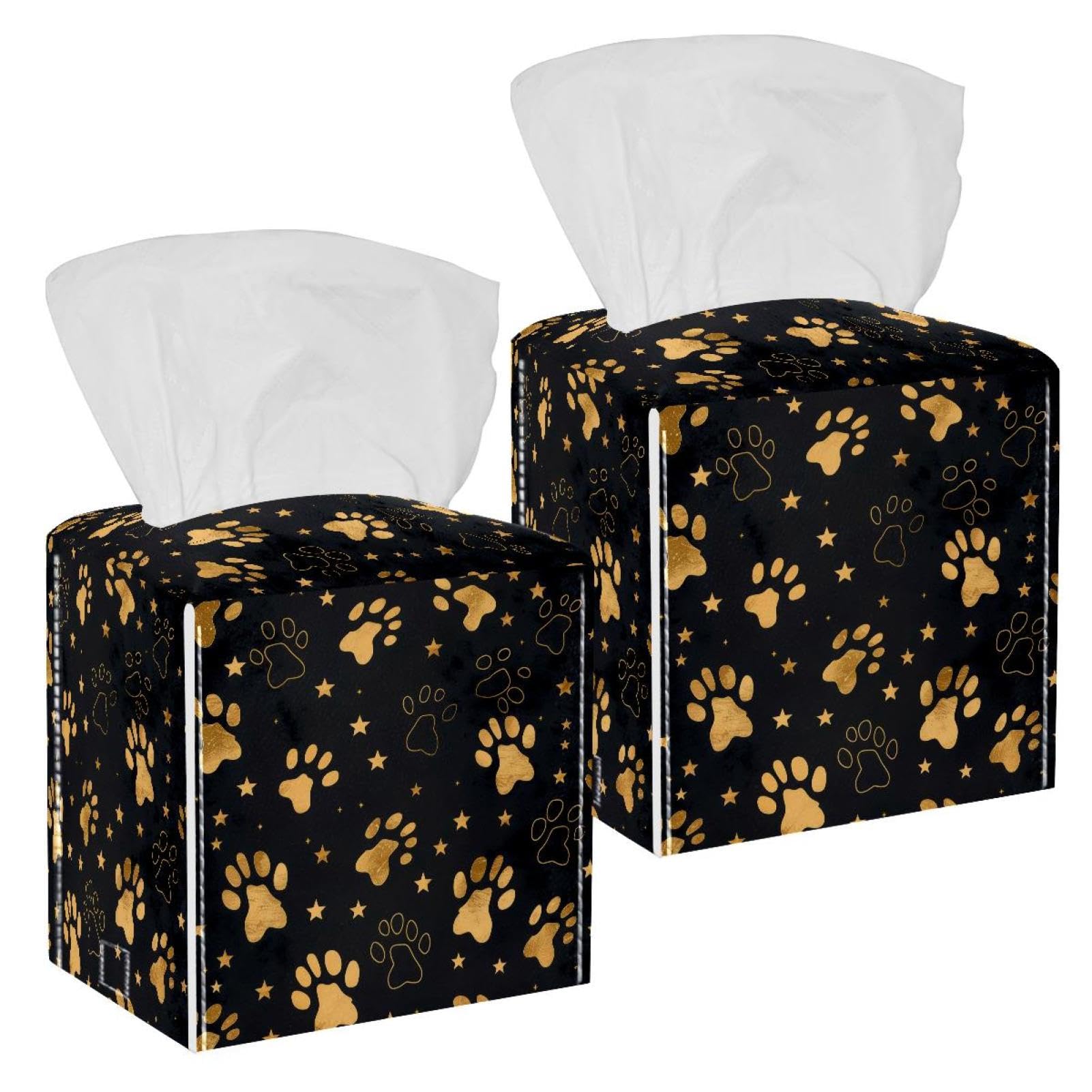 Dog Paws Tissue Box Cover, 2 Pack PU Leather Square Facial Tissue Dispenser Box holder for Home Office Car