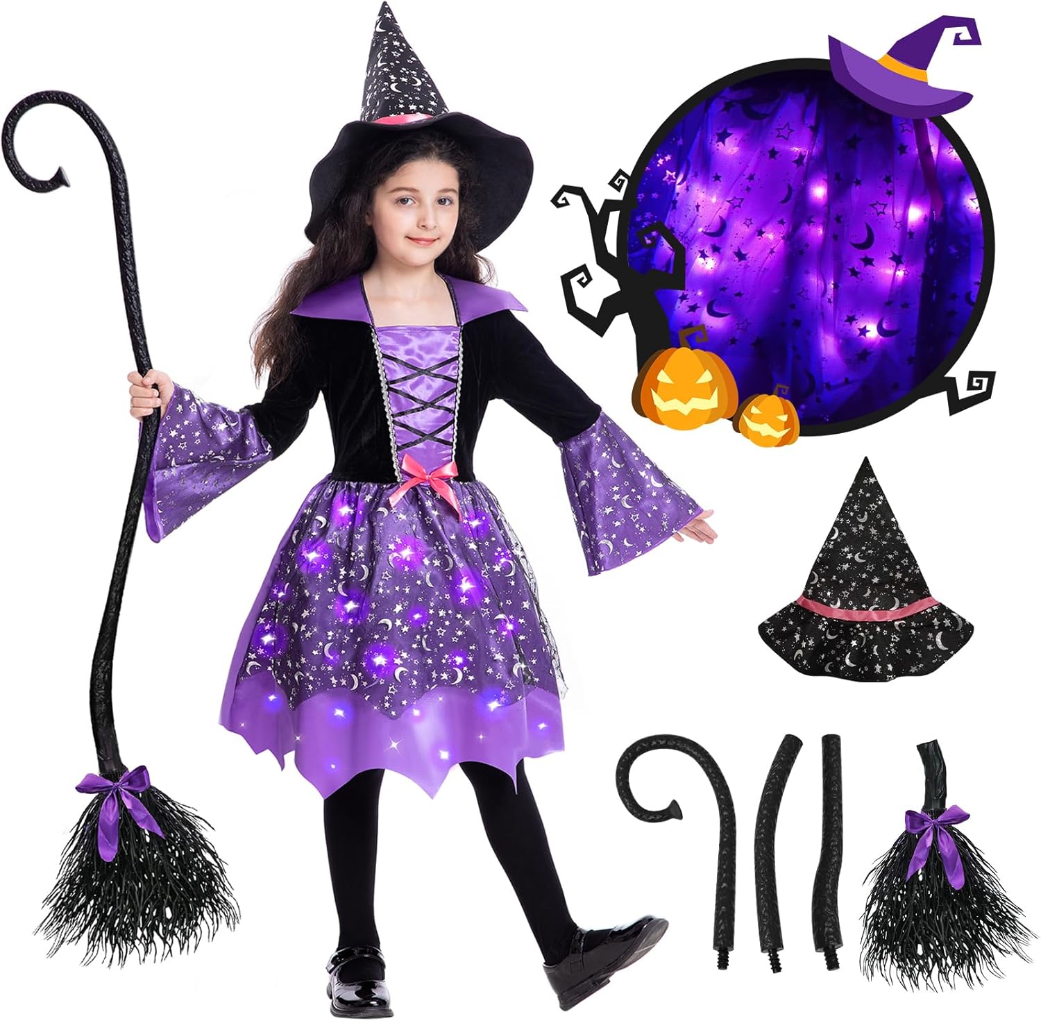 Poshetion Glow in the Dark Witch Costume for Girls - Toddler Halloween Dress-Up with Broom, Hat & Glowing Effect