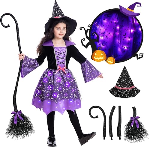 Poshetion Glow in the Dark Witch Costume for Girls - Toddler Halloween Dress-Up with Broom, Hat & Glowing Effect (5-7 S),Purple Morado,Verde,Naranja