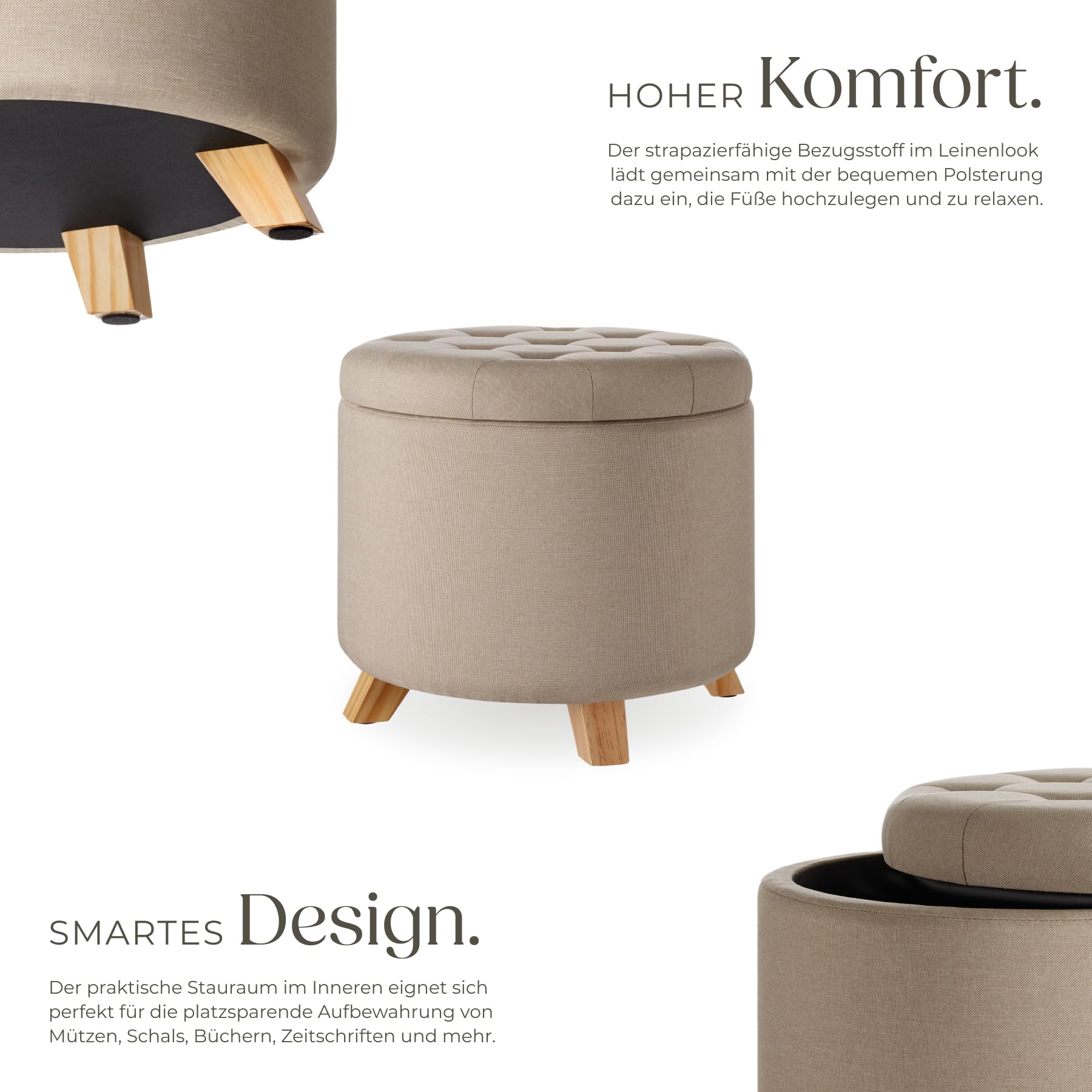 tectake® Hocker mit Stauraum, Sitzhocker mit Stauraum, Aufbewahrungsbox mit Deckel, Fußhocker, Hocker rund, Hocker Holz Beine, als Sitzbank Flur, im Wohnzimmer oder Schlafzimmer - Sand