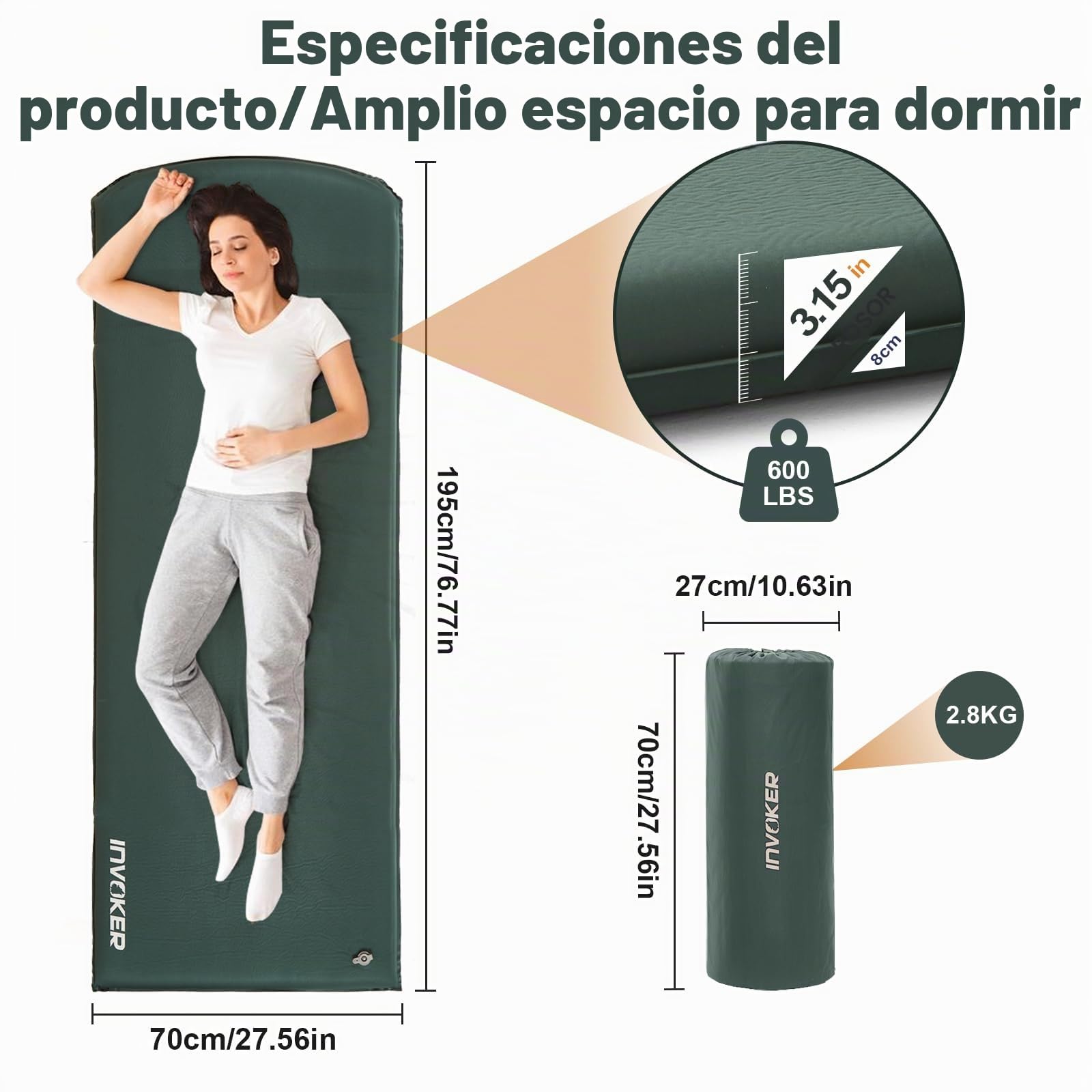 INVOKER - Colchoneta de Dormir de Camping – Espuma elástica Ultra Gruesa de 3.1 Pulgadas, autoinflable rápido, aislada, Duradera, con Almohada para Tienda de campaña, mochileros, Viajes y Senderismo