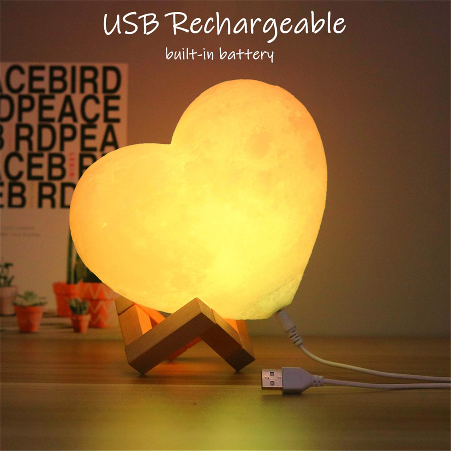 Mondlampe Herzförmiges 2-Farben-LED-3D-Druck-Mondlicht mit Ständer, Fernbedienung und Touch-Steuerung(2 Farbe 15cm/5.9in)