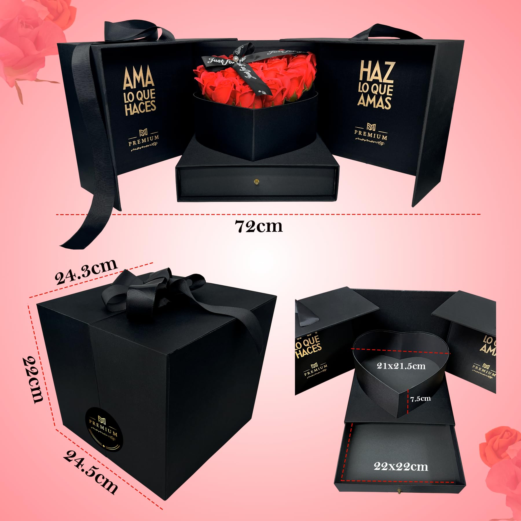 Elegancka szkatułka prezentowa na Walentynki · Zestaw Deluxe z 18 pachnącymi różami i ponad 36 czekoladkami Ferrero Rocher i Lindt Lindor · Szkatułka wielokrotnego użytku