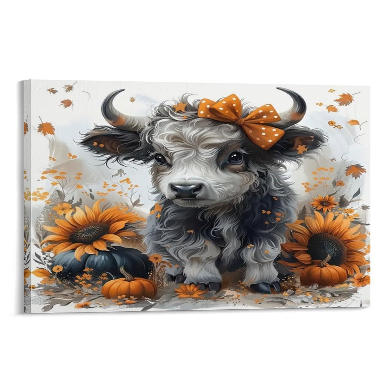 CPLVKWRQJ Cute Buffalo Autumn Individual Highland Calf Bow Sunflower Pumpkin Wall Art Decor - Office Wall Focal Art Multi-Purpose Fade Resistant Decor 20x30inch(50x75cm)