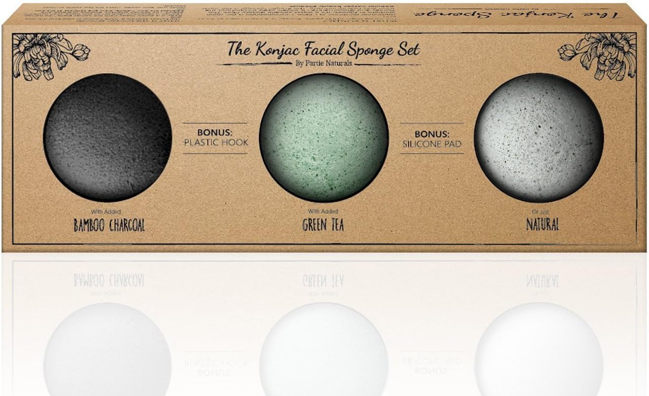 Konjac Sponge 3 Pack (black Green white), and Silicone Brush By Partie Naturals Activated Charcoal - Facial Sponge, 100% Natural Sponge Suction Hook Included