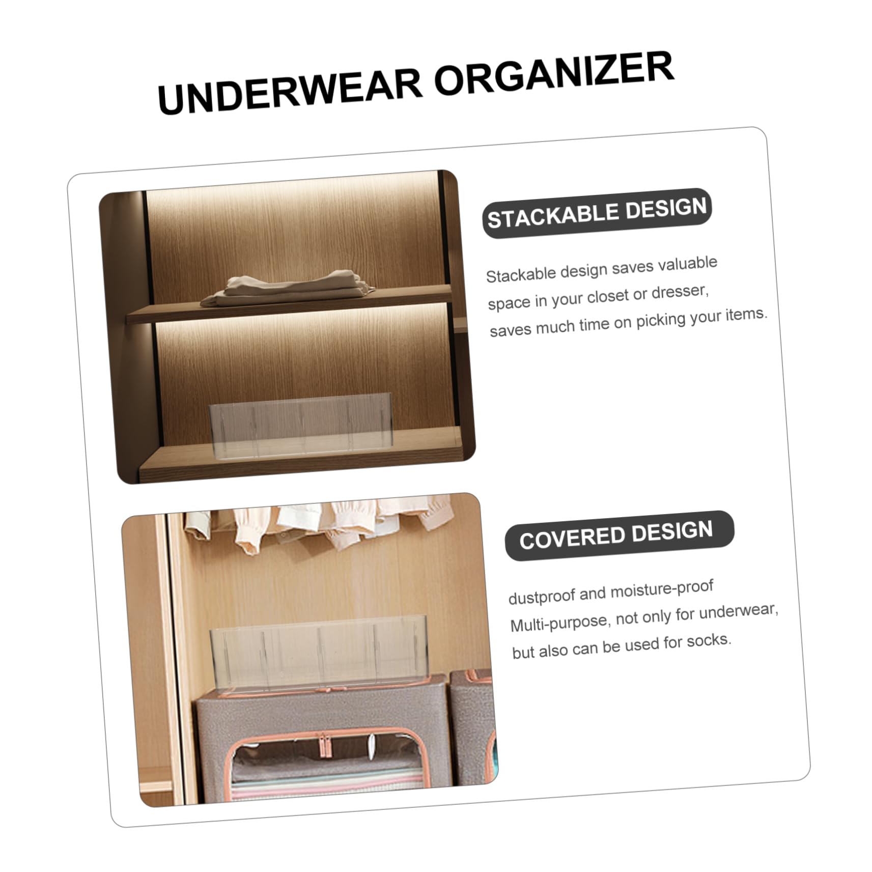 Cabilock Organizador De Ropa Interior 8 Compartimentos Transparente, Plástico Resistente, Apilable Para Cajones, Almacenamiento Para Calcetines y Sujetadores, Adecuado Para Armarios y Dormitorios