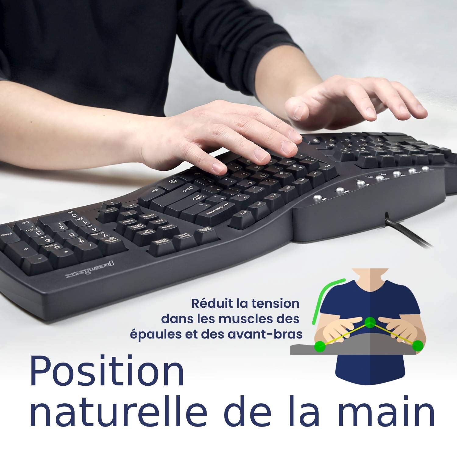 Perixx PERIBOARD-512, Grand Clavier Ergonomique Filaire USB pour Windows – Noir, AZERTY
