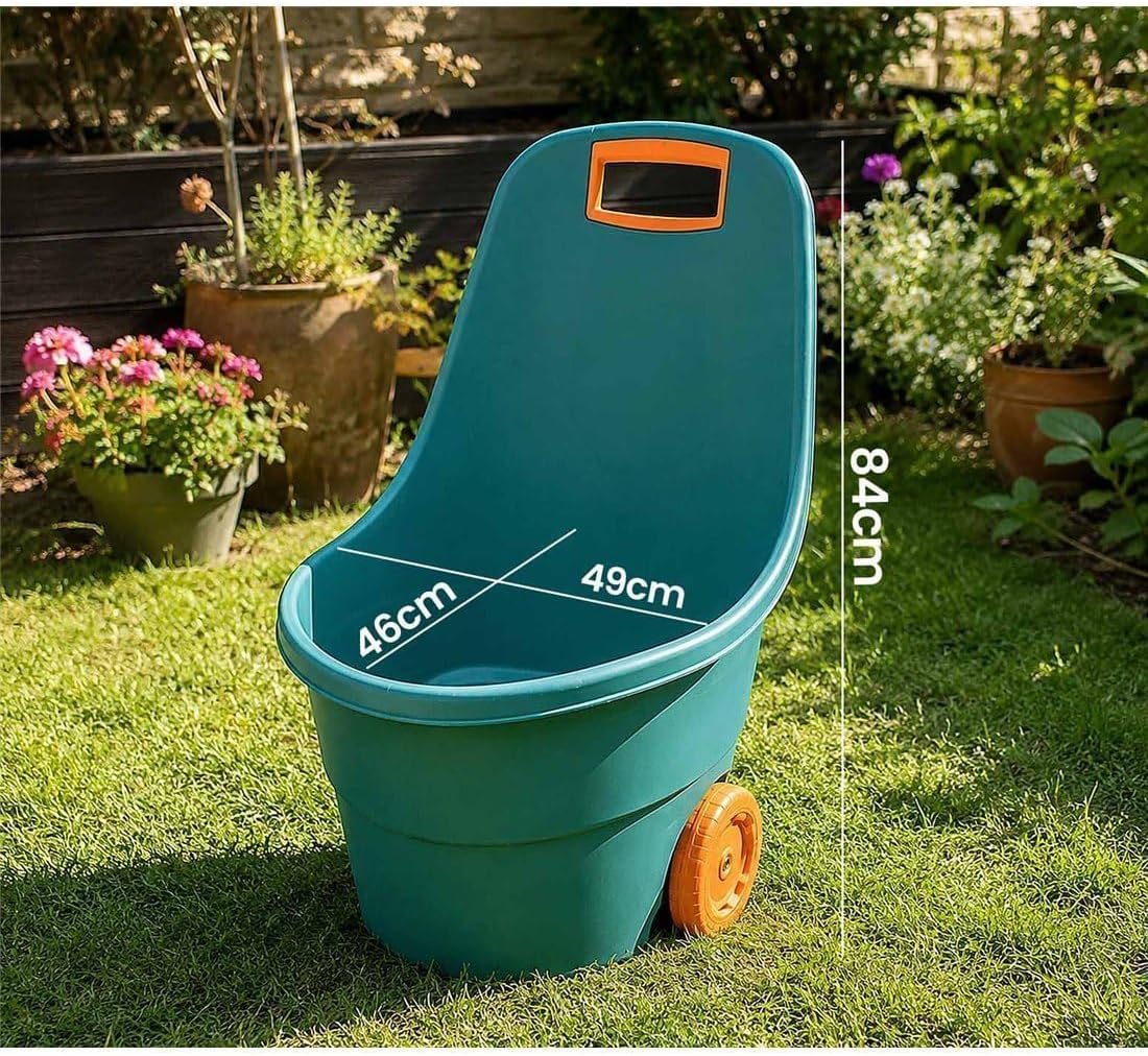 Carro de Jardín con Ruedas, Verde y Naranja, Polipropileno, 68 litros, Todo Terreno, Ergonómico, 84x49x46 cm TB Thayba