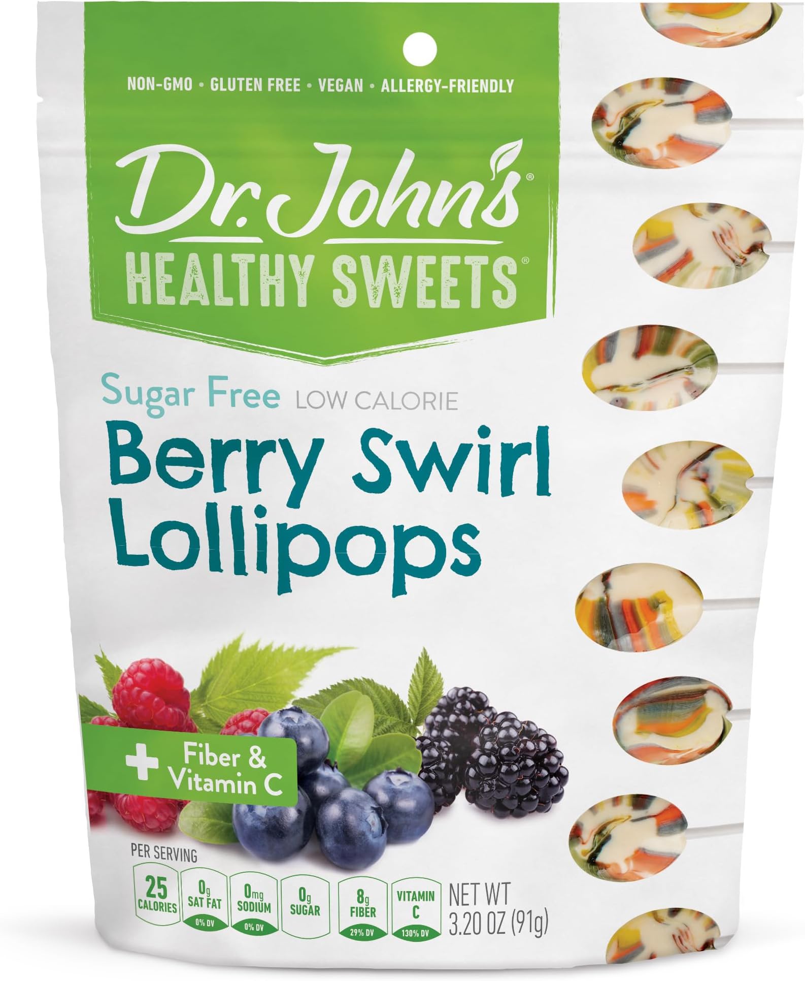 Berry Swirl Lollipops with Zero Sugar, Dye-Free, Plant Based, Keto Friendly, 10 Count, 3.2oz Bag