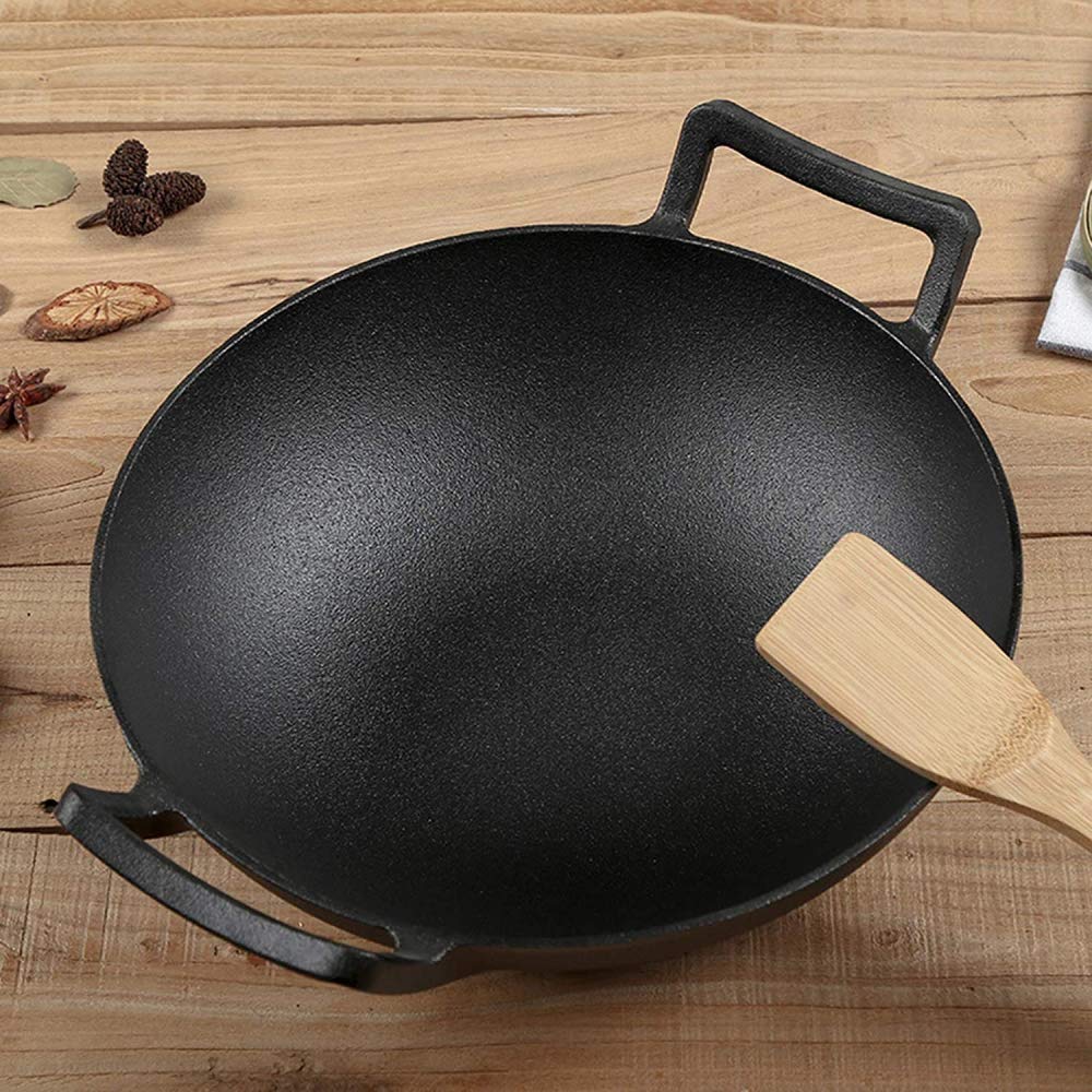 Padella wok in ghisa, atossica, con fondo piatto, con 2 manici e coperchio in legno, per stufe elettriche, a induzione e a gas, diametro 32 cm