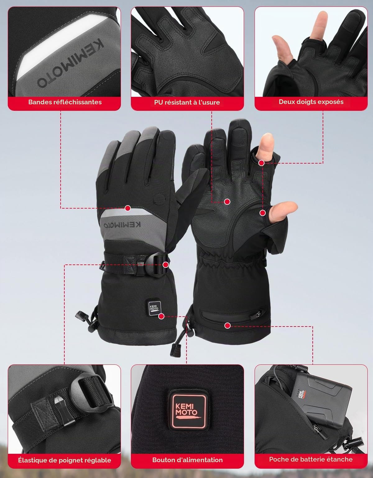 KEMIMOTO Gants Chauffants, Gants Thermiques Batterie 7,4 V, 2500 mAh, pour la Neige, la Pêche sur Glace et Les Activités de Plein Air Hivernales