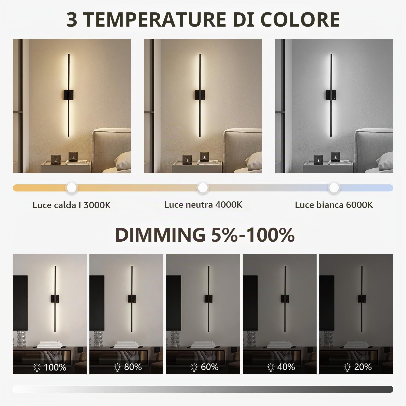 1 Pezzo 100cm Ricaricabile LED Applique da Parete Interno Senza Corrente, Batterie Lampada da Parete Senza Fili Moderno Appliques da Parete Up Down Dimmerabile 3000K-6500K con Telecomando