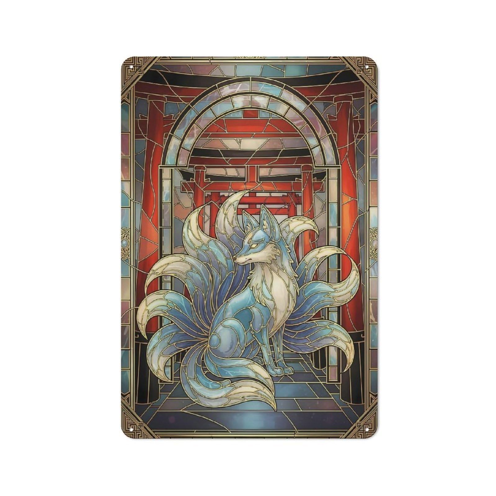 Junmoney Style-2 Barn Style Farmhouse Metal Sign 30X20cm Featuring Nine-Tailed Fox Stained Glass Art, Cottage Wall Art For Kitchen, Cottage, Porch Or Garden Room