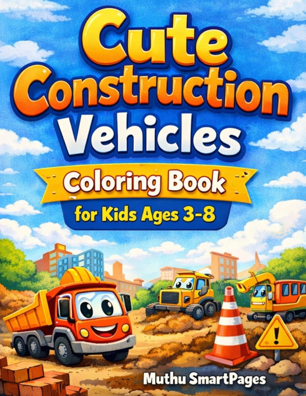 Cute Construction Vehicles Coloring Book for Kids Ages 3–8: Big-Eyed Trucks, Excavators & Bulldozers for Easy Fun Coloring