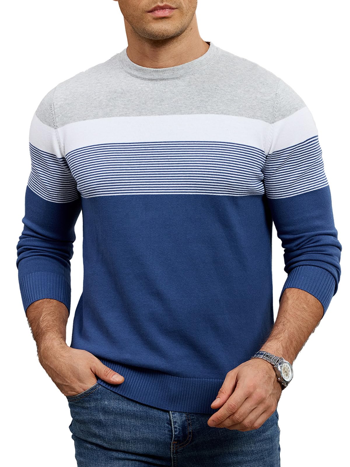 genfien Men's Crew Neck Knitted Jumper Fine Knit Striped Pullover Regular Fit Basic 100% Cotton-picture-30